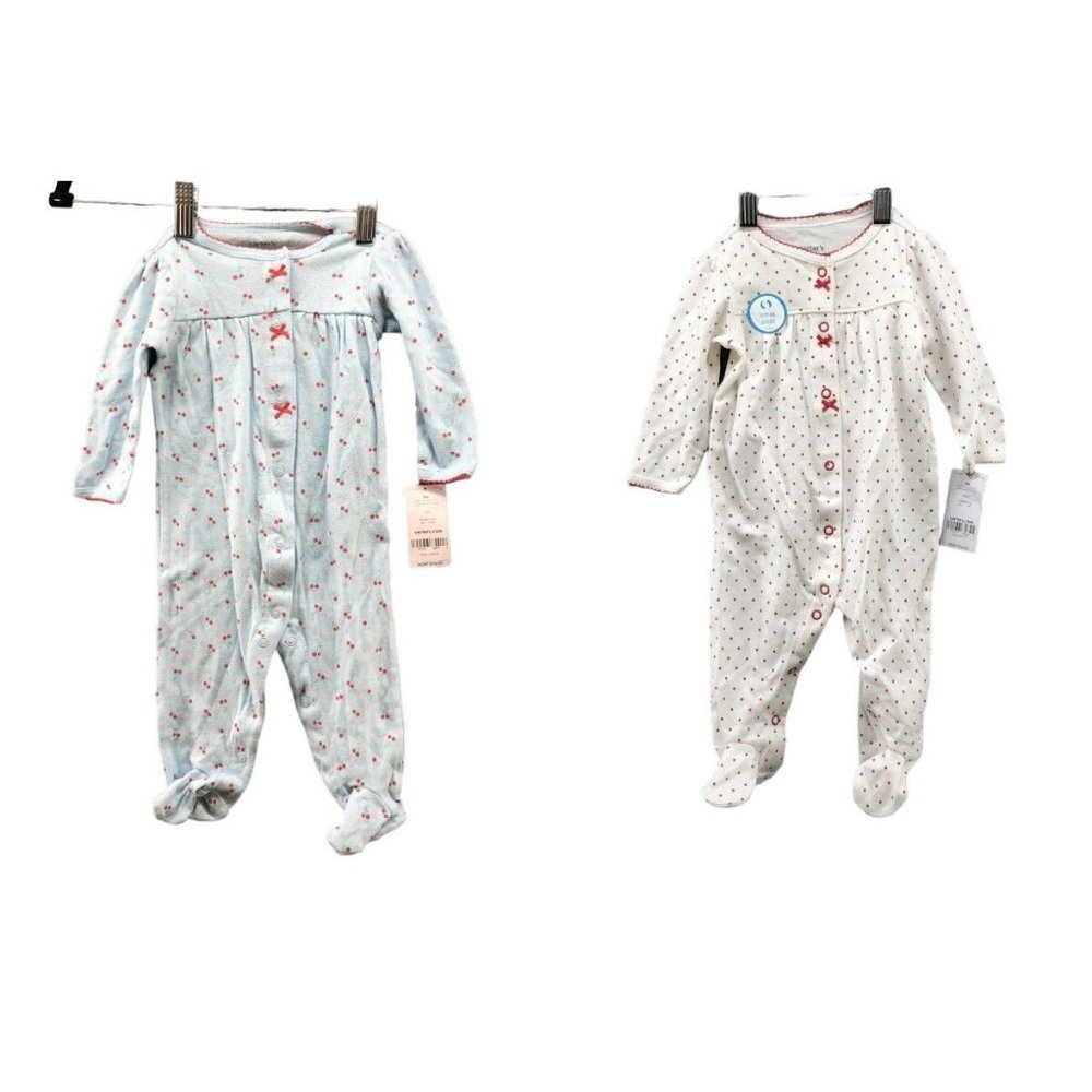 NWT Carter's Baby 6M Footed Pajamas 2 Piece BUNDLE Snap Button Heart Cherry Girl